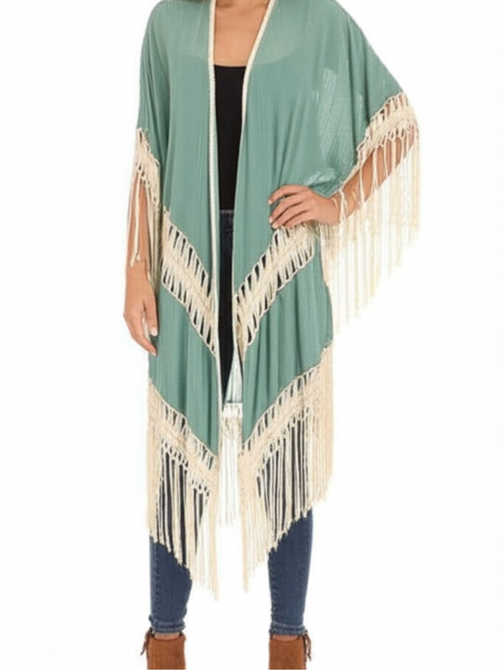 Umgee Long Fringed Open Front Kimono Size S/M